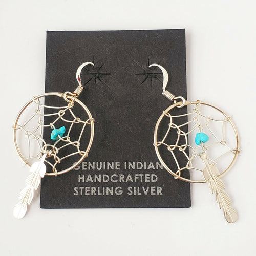 Large Southwestern Sterling Silver Dreamcatcher Earrings with Feathers, Native  American Jewelry